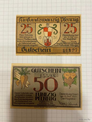 Нотгельд 25-50 пфеннигов. Германия. Веймарская республика Деренбург -0201