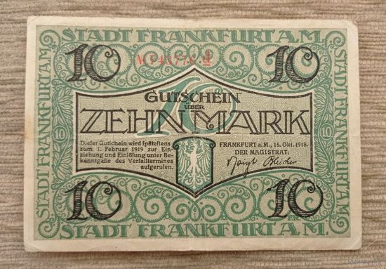 Werty71 Германия 10 марок 1918 банкнота Франкфурт