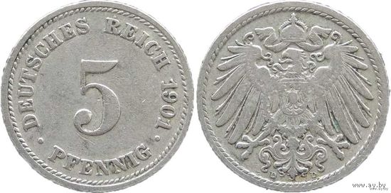 YS: Германия, Рейх, 5 пфеннигов 1901D, KM# 11