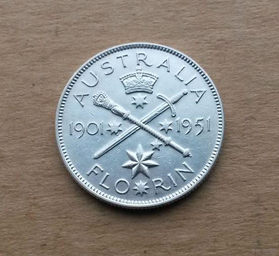 Австралия, флорин (2 шиллинга) 1951 г., серебро 0.500, 50 лет Содружеству Австралии