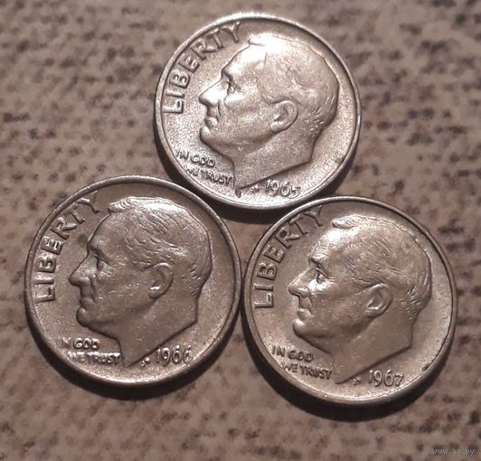 10 центов ( дайм) 1965.1966.1967 США  без обозначения МД 3 монеты