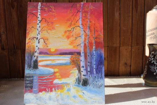 Картина "Зимний вечер" холст на картоне.