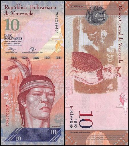 Венесуэла 10 боливаров образца 2013 года UNC p90d