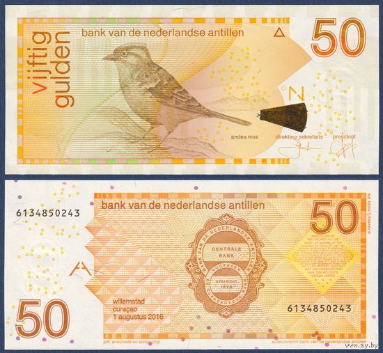 Нидерландские Антилы, 50 гульденов 2016 г, P-30h (рыжешейный воробей), UNC