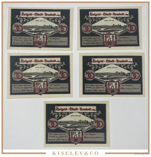 Германия Нойштадт 50 пфеннигов 1922 года. 5 шт. Состояние UNC-