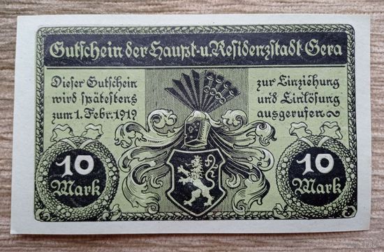 Werty71 Германия 10 марок 1918 аUNC банкнота Гера