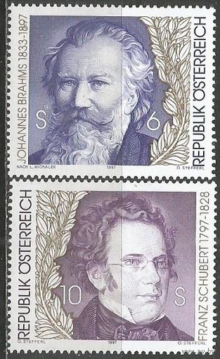 Австрия. 100 лет со дня смерти Ю.Брамса и 200 лет со дня рождения Г.Шуберта. Композиторы. 1997г. Mi#2218-19. Серия.