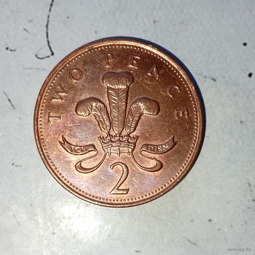 2 пенса 2001 года Великобритания. Королева Елизавета 2. Красивая родная патина.