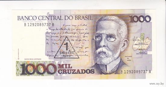 1000 КРУЗЕЙРО 1989 БРАЗИЛИЯ НАДПЕЧАТКА 1 КРУЗАДО