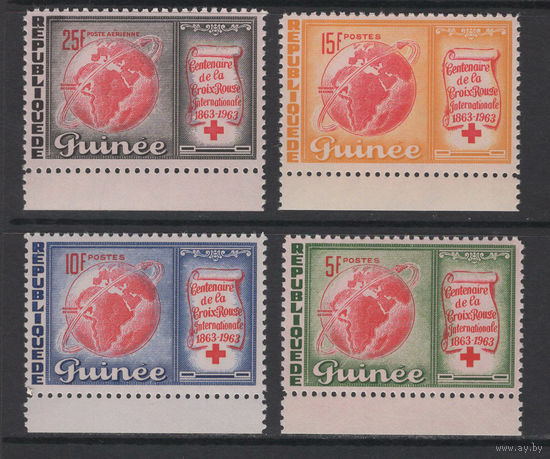ГВИНЕЯ / GUINEE 1963 ** Красный крест, 100 лет организации, серия 4 марки с нижним полем