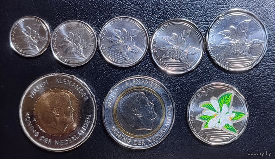 Кюрасао (8 монет) весь комплект 1, 5, 10, 25, 50 центов, 1, 5 гульденов + юбилейные 50 центов 2025 г.