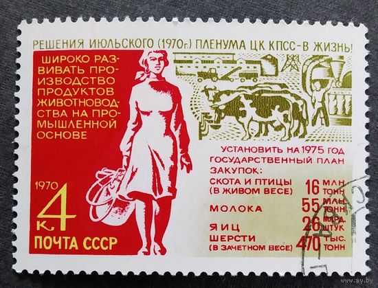Марка СССР 1970 год Решения пленума ЦК КПСС - в жизнь!