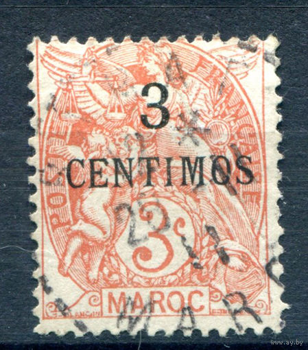 Французская почта в Марокко - 1908г. - аллегория, 3 с - 1 марка - гашёная [Mi 22]. #1-Fr-13-A-1