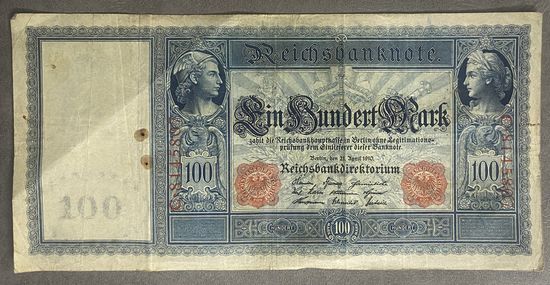 Банкнота 100 марок 1910 год. Красная печать. Германская империя