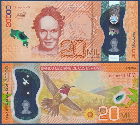 Коста-Рика, 20000 колон 2018 г., P-W284 (B, полимер, писательница Кармен Лира), UNC