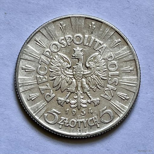 Монета СЕРЕБРО Польша 5 злотых 1934 год Пилсудский ОТЛИЧНЫЕ