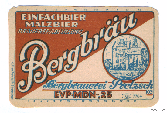 Этикетка пива Bergbrau Германия П756