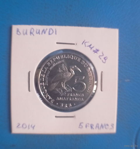 Бурунди 5 франков 2014 год  Птицы - Кафрский рогатый ворон (Bucorvus leadbeateri)