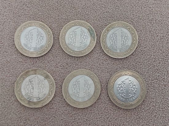 Турция 1 лира 2011,2015, 2016, 2017,2019,  2020