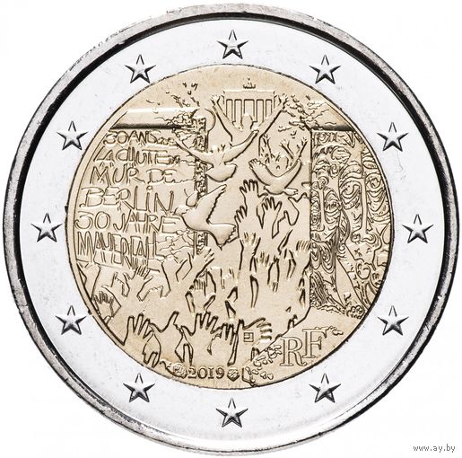2 евро 2019 Франция 30 лет падения Берлинской стены UNC из ролла