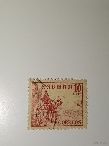 Испания  1949 На марке изображена историческая сцена, вероятно, с участием рыцаря или исследователя на лошади.