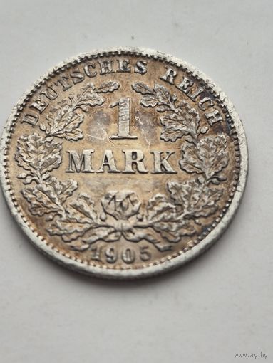 1 марка 1905 года. Германия. Вильгельм II. Серебро 900. Монета не чищена. 45430