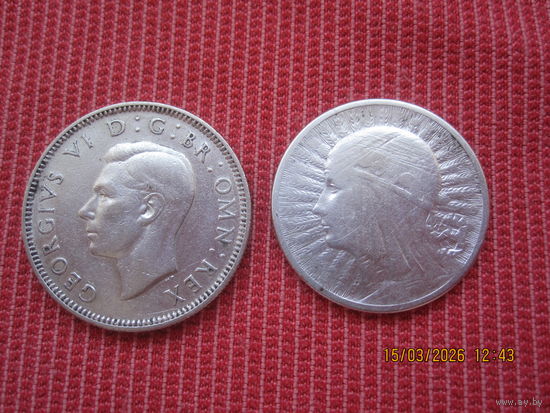 Серебряные монеты Британии-1 шиллинг 1946г. и 2 злотых 1933г. Польша.