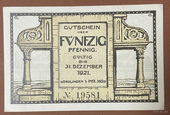 Нотгельд 50 пфеннигов 1921 год. Нёрдлинген. Веймарская республика