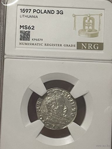 3 гроша 1597 Вильно! MS62 штемпельный блеск!