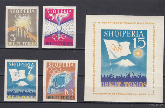 Спорт. Олимпийские игры. Албания. 1964. 4 марки и 1 блок (б/з). Michel N 828-831, бл23 (45,0 е)