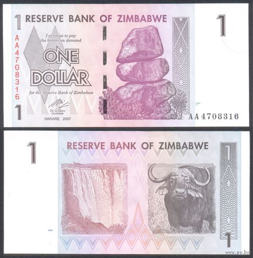 Зимбабве, 1 доллар 2007 г. P65. Серия АA . UNC-.