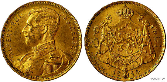 20 франков 1914 г. Король Альберт I (1910 - 1934). Бельгия. Золото. Редкие. КМ# 78