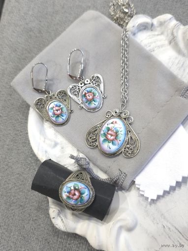 Комплект серьги, кулон и кольцо, филигрань скань, финифть, винтаж, СССР, мельхиор