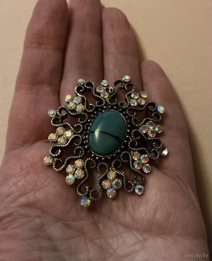 Брошь Нарядная вставка под Бирюзу стразы Аврора Бореалис Германия