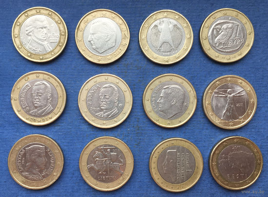 Лот 1 евро (Австрия, Бельгия, Германия, Греция, Испания, Италия, Латвия, Литва, Нидерланды, Эстония). Всего 12 монет