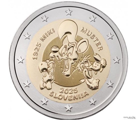 2 евро 2025 Словения 100 лет со дня рождения Мики Мустера UNC из ролла
