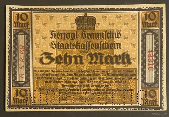Банкнота 10 марок 1918 год. Герцогство Брауншвейг. Веймарская республика