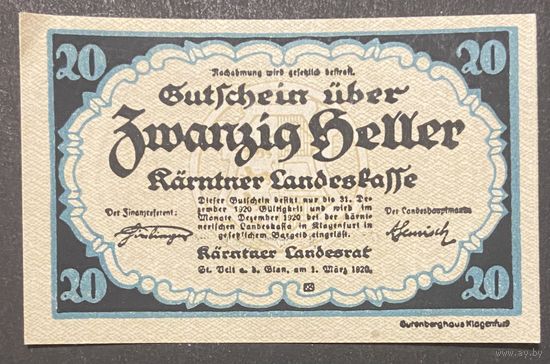 Нотгельд Австрия Каринтия 20 геллеров 1920 год
