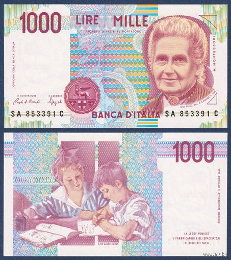 Италия, 1000 лир 1990 г, P-114a (врач Мария Монтессори), UNC