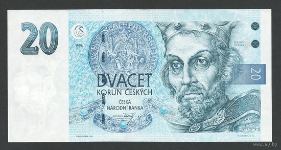 Чехия 20 крон 1994 года. Защитная полоса смещена влево. Тип Р-10c. Состояние aUNC