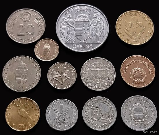 12 МОНЕТ ВЕНГРИИ РАЗЛИЧНОГО ПЕРИОДА С СЕРЕБРОМ (1 КРОНА 1894 г.)