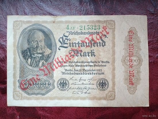 1000 марок Германия 1922 г. Надпечатка "миллиард".