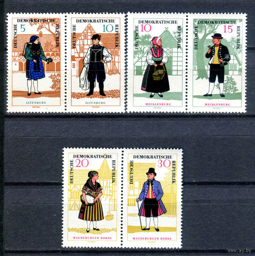 ГДР - 1966г. - Национальные костюмы - полная серия, MNH, у 3-х марок частично отсутствует клей [Mi 1214-1219] - 6 марок - 3 сцепки