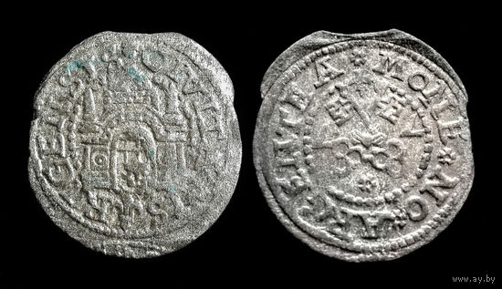 ШИЛЛИНГ 1577 г. ВОЛЬНЫЙ ГОРОД РИГА. РЕДКИЙ ТИП (ГОД ПЕРЕВЁРНУТ)