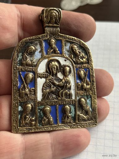 Меднолитая икона 18 века с эмалями . Богоматерь с Предстоящими.