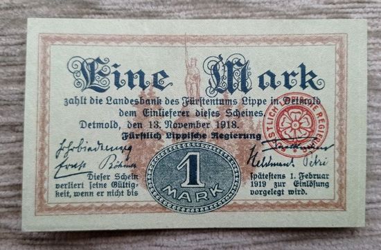 Werty71 Германия 1 марка 1918 Банкнота Княжество Липпе Детмольд