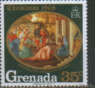 Марка из серии 1968г. Гренада "Рождество. "Поклонение волхвов" Сандро Боттичелли" MNH