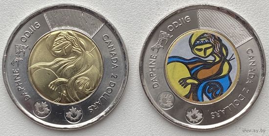 Канада 2 доллара 2025 г. Посвящение жизни и творчеству Дафны Оджиг. Цветная + простая