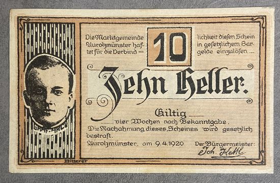 Нотгельды Австрия Ауролцмюнстер 10 геллеров 1920 год.