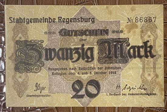 Банкнота 20 марок 1918 год. Регенсбург. Веймарская республика.